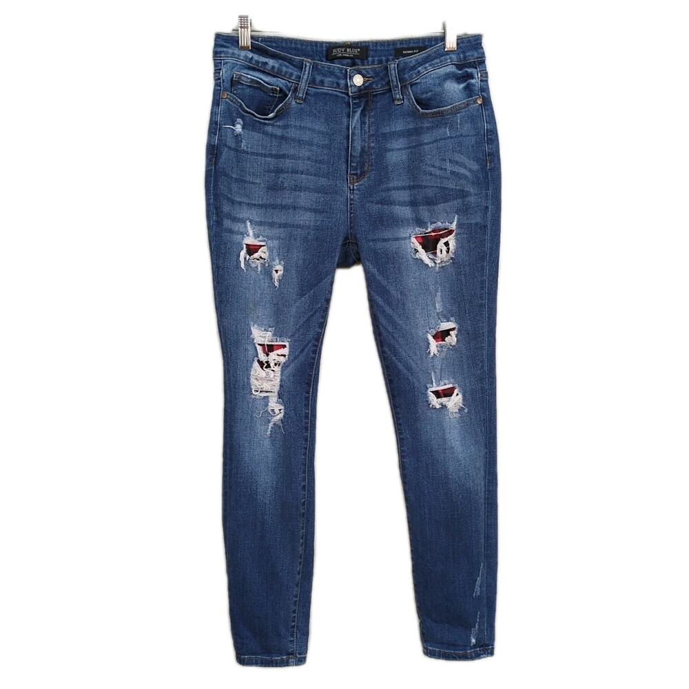 JUDY BLUE Skinny Fit Jeans Medium Wash Stretch Denim Red Plaid Ripped Women's 31